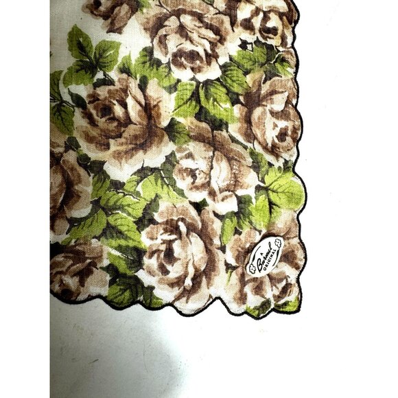 Embroidered handkerchief hankie 13 in. by 13 in. Brown and white embroidered edg - Picture 2 of 10